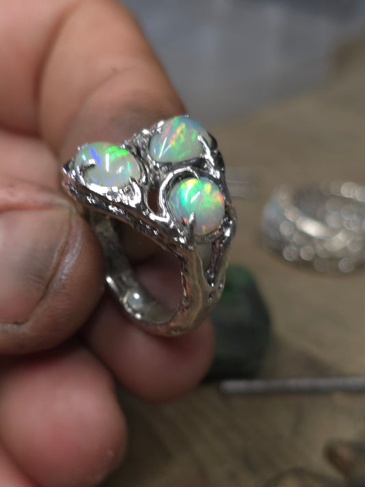 "Branches and Roots" Torchon Ring with Ethiopian Opal