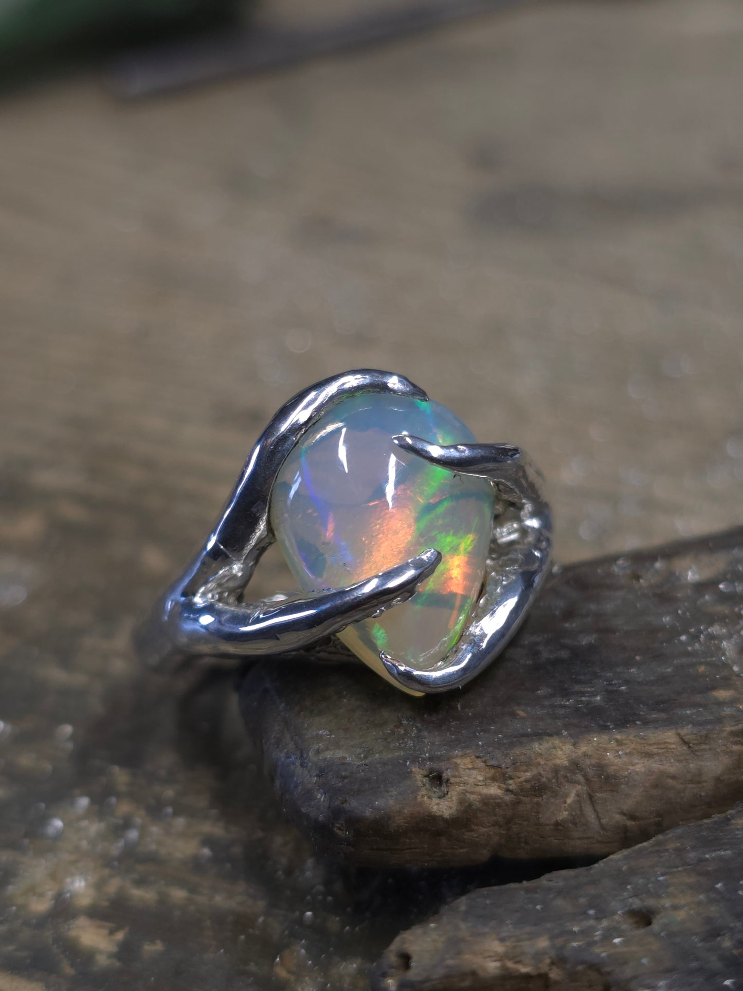 "Branches and Roots" Torchon Ring with Ethiopian Opal