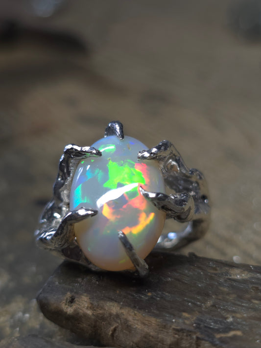 "Branches and Roots" Torchon Ring with Ethiopian Opal